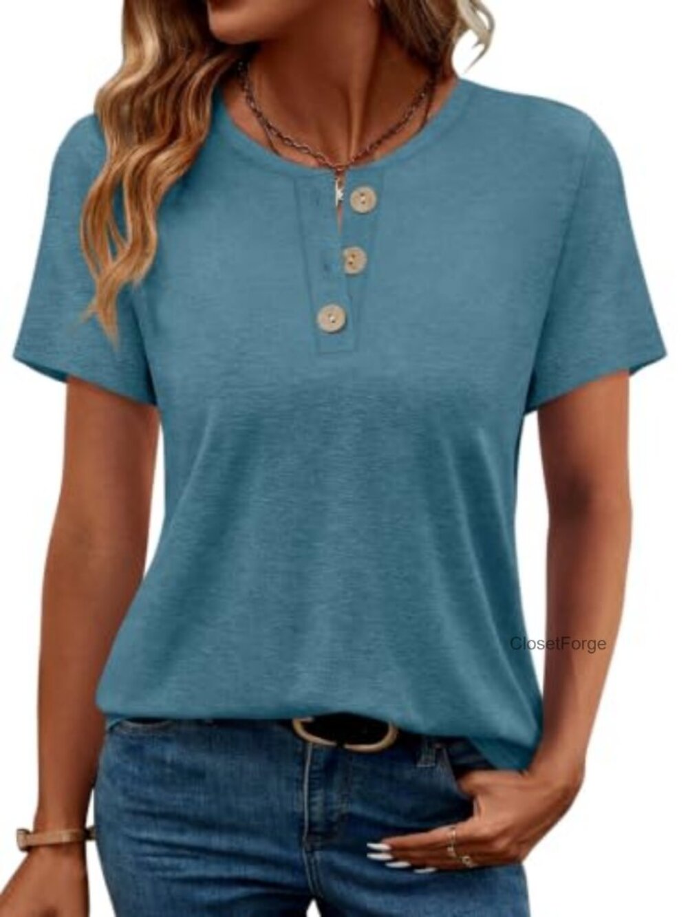Women's Short Sleeve Henley Cotton Blend Button Down Tee